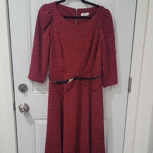 Chic Red Houndstooth Long Sleeve Dress